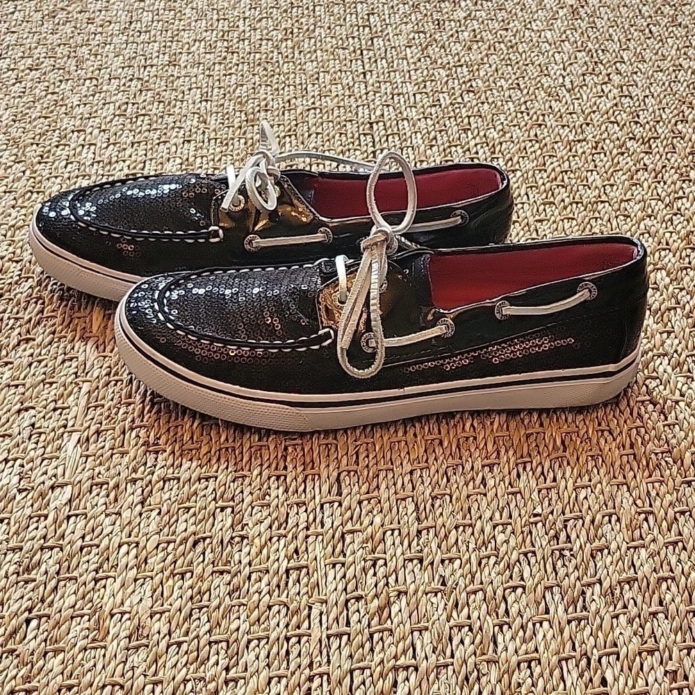 SPERRY top sider black sequin boat shoes w/ silver leather shoestring Size is 5.